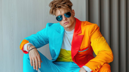 A man in a colorful suit sits on a wall. He is wearing a blue, yellow, and red suit jacketの素材