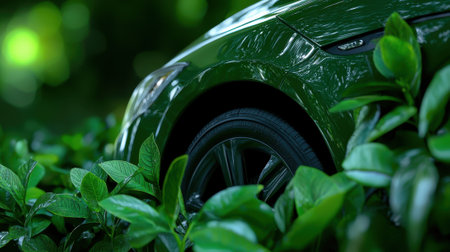 A green car is driving through a forest with lots of green leaves. The car is surrounded by the leaves and the leaves are covering the groundの素材