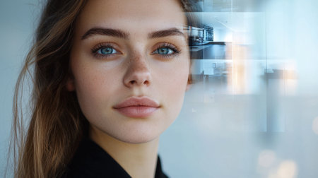 A woman with blue eyes and a light brown face. She is wearing a black shirt and has a smile on her faceの素材