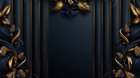 A black and gold background with a gold leaf design. The background is adorned with gold accents, giving it a luxurious and elegant appearance. The gold leaf design is intricate and detailedの素材
