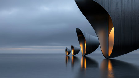 A series of three buildings are reflected in the water. The buildings are curved and have windows. The water is calm and the sky is cloudyの素材