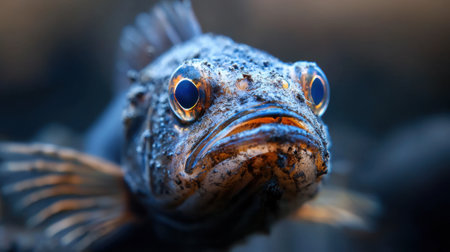 A fish with a dirty face and blue eyes. The fish is looking at the camera. The fish is in a dark blue backgroundの素材