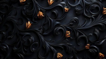A black and gold floral patterned background with gold accents. The image has a dark and mysterious moodの素材