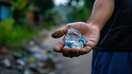 A hand holding a piece of plastic. The plastic is blue and he is a piece of trash. Concept of pollution and the negative impact of human waste on the environmentの素材