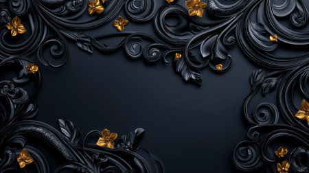 A black and gold floral design with a gold border. The design is ornate and intricate, with a sense of luxury and eleganceの素材