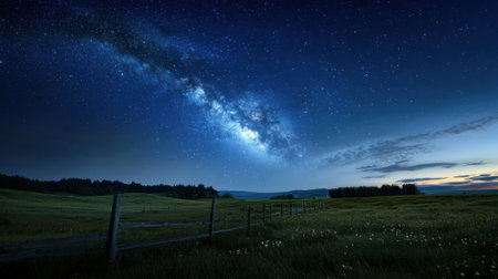 A field of grass with a fence in the background and a sky full of stars. The sky is dark and the stars are shining brightlyの素材