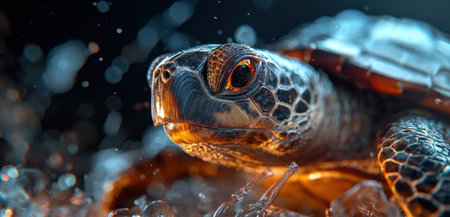 A turtle is shown in a blurry image with a splash of water. The turtle is looking at the camera, and the water droplets around it create a sense of movement and energyの素材
