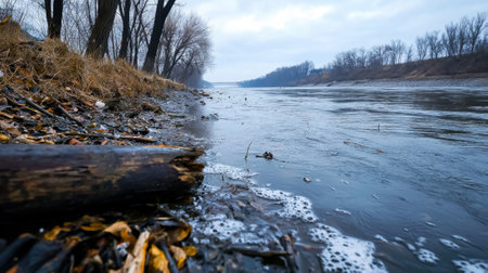 A river with a log floating in it. The water is murky and the shore is covered in leavesの素材