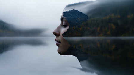 A woman's face is reflected in the water, creating a surreal and dreamy atmosphere. Concept of mystery and wonder, as the viewer is left to ponder the meaning behind the distorted reflectionの素材