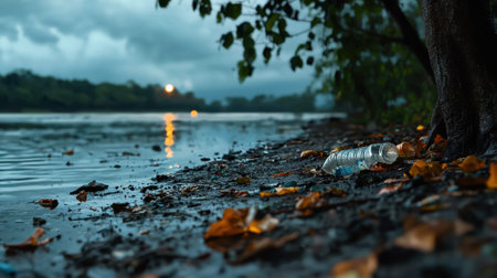 A bottle of water is laying on the ground next to a body of water. The bottle is empty and the water is murky. The scene is desolate and the mood is somberの素材