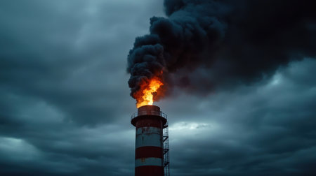 A large, red and white tower with a fire on top. The sky is dark and cloudyの素材