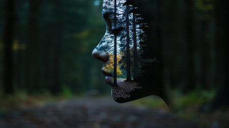 A woman's face is shown in a forest setting, with trees and leaves surrounding her. The image has a dreamy, surreal quality to it, as if the woman is a part of the natural landscapeの素材