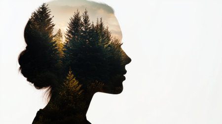 A woman's silhouette is shown in a forest. Concept of serenity and calmness, as the woman's face is surrounded by the peacefulness of nature. The trees in the background provide a sense of depthの素材