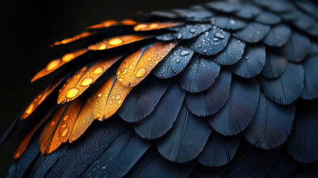 The feathers of a bird are shown in a close up, with the blue and orange colors creating a striking contrast. Concept of beauty and wonder, as well as the intricate details of the feathersの素材