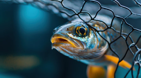 A fish is looking at the camera through a net. The fish is brown and yellow. The net is black and whiteの素材