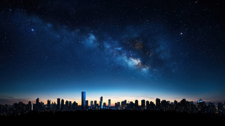 A city skyline is lit up at night with the stars shining brightly in the background. The city is bustling with activity, but the stars provide a sense of calm and tranquilityの素材
