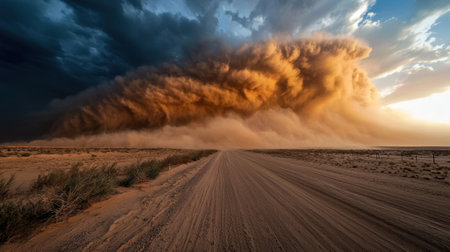 A large cloud of dust is blowing across a desert road. The sky is cloudy and the sun is settingの素材
