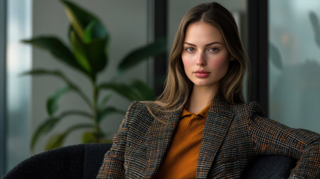 A woman is sitting on a black chair and wearing a plaid jacket. She has a smile on her face and is looking directly at the cameraの素材