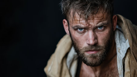 A man with a beard and a beard is wearing a brown jacket. He is looking at the camera with a serious expressionの素材