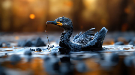 A bird is swimming in a body of water with a dark, oily substance on its feathers. The water appears murky and the bird's feathers are wetの素材