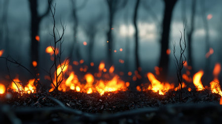 A forest fire is burning through the trees, with the flames reaching up to the sky. The scene is dark and ominous, with the smoke and flames creating a sense of danger and destructionの素材