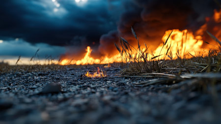 A fire is burning in the grass and the sky is cloudy. The fire is very large and is in the middle of the fieldの素材