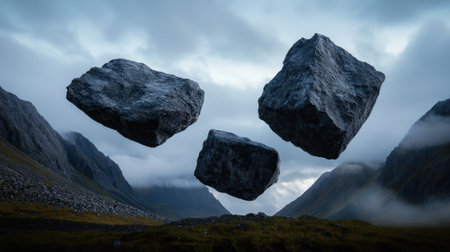 Three large rocks are floating in the air above a mountain range. The scene is serene and peaceful, with the mountains in the background and the clouds overheadの素材