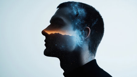 A man's face is shown in a dreamy, surreal way, with the sky and mountains in the background. Concept of wonder and imaginationの素材