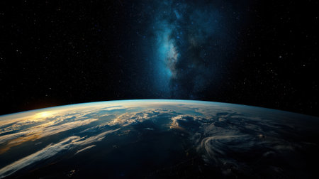 A view of the Earth from space, with a large body of water and a cloudy sky. The stars are visible in the background, creating a sense of vastness and wonder. The scene evokes a feeling of awesomeの素材