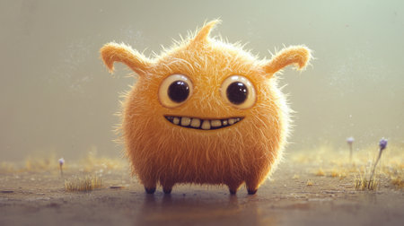 A friendly, fluffy creature with bright, oversized eyes and a cheerful grin stands in a whimsical landscape during the early morning light. The background features soft grass and distant flowers.の素材