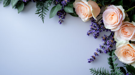Pastel roses and vibrant lavender create a harmonious floral arrangement. The soft colors and lush greenery evoke a sense of calm and elegance, perfect for decoration.の素材
