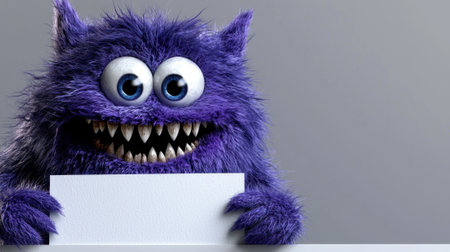A cheerful purple monster with large eyes and sharp teeth sits with a blank sign. Its fluffy fur and wide smile create a fun and inviting atmosphere in a light gray space.の素材