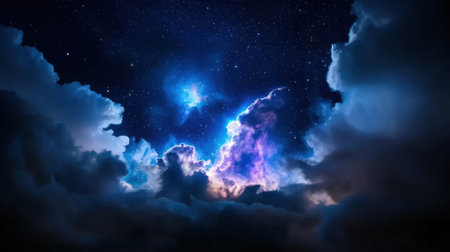 The sky is filled with clouds and stars. The stars are scattered throughout the sky, with some closer to the clouds and others further away. The clouds are dark and billowy, giving the sky a moodyの素材