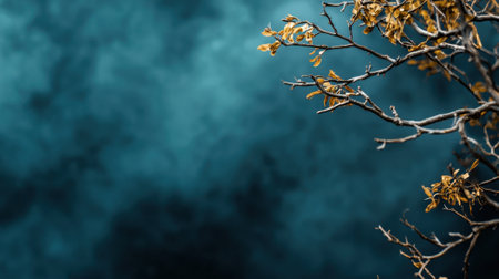 A tree branch with leaves on it is shown against a blue background. Scene is serene and peaceful, as the tree branch appears to be the only element in the sceneの素材
