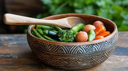 A rustic wooden bowl holds a vibrant mix of fresh vegetables including broccoli, carrots, and green beans, arranged beautifully against a lush green backdrop, highlighting healthy eating.の素材