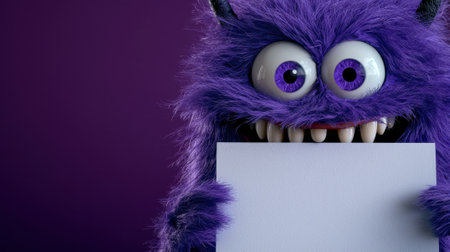A cheerful purple monster with big eyes and sharp teeth is smiling while holding a blank sign. The vibrant background enhances the playful atmosphere, inviting curiosity and fun.の素材