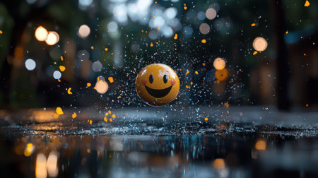 A cheerful yellow ball with a smiley face bounces through a rain puddle, sending droplets of water into the air on a lively evening in the city. Colorful lights create a joyful atmosphere.の素材