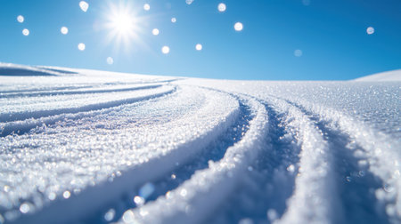 Soft ski trails wind through untouched snow, sparkling under the bright sun on a clear winter day. The landscape exudes tranquility and beauty, inviting exploration.の素材