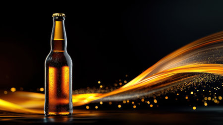A cold beer bottle stands tall against a dark backdrop, illuminated by a vibrant stream of golden light flowing around it, creating a striking visual effect.の素材