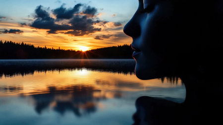A woman's face is reflected in the water. The sun is setting in the background, creating a serene and peaceful atmosphereの素材