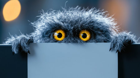 A small, fuzzy creature with large, bright orange eyes curiously peeks over a blank sign in a softly lit setting. Its playful expression adds a whimsical touch to the atmosphere.の素材