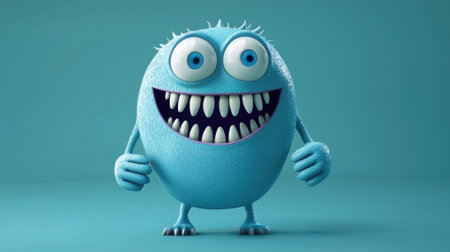 A cheerful blue monster with big round eyes and an impressive set of sharp teeth stands confidently with its hands on its hips. The solid teal backdrop emphasizes its playful demeanor and texture.の素材