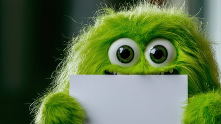 A fluffy green monster with large, expressive eyes holds a blank piece of paper, adding a whimsical touch to the bright and cheerful atmosphere.の素材