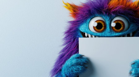 A vibrant, furry creature with large eyes and bright fur holds a blank sign close to its chest. The playful character stands against a light background, radiating joy and whimsy.の素材
