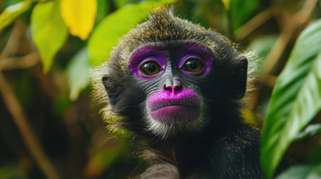 A monkey with striking purple facial features is perched among rich green leaves in a tropical rainforest. The animal looks directly at the viewer with curious eyes, showing its unique coloration.の素材