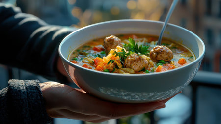 A person is holding a bowl of soup with meatballs and vegetables. The bowl is white and the person is holding it with their handの素材