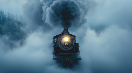 A vintage steam locomotive billows smoke as it approaches, surrounded by thick fog. The warm glow of the front light contrasts with the cool, misty atmosphere of early morning.の素材