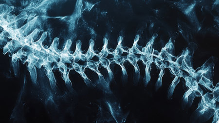 A close-up view of a spinal column, highlighting the intricate structure of the vertebrae. This image illustrates the alignment and connectivity of each vertebra in a striking manner.の素材