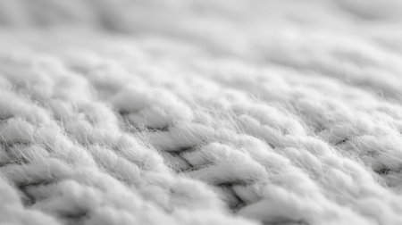 Close-up view of a white knitted fabric showing intricate patterns and textures. The soft fibers create a cozy and inviting feel, ideal for winter wear.の素材