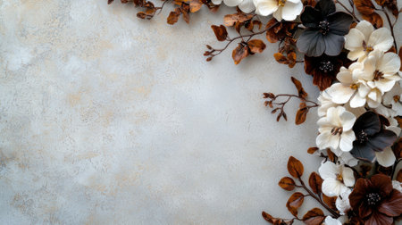 A creative floral arrangement featuring elegant white, black, and brown flowers sits gracefully in the corner of a textured background, adding a touch of sophistication to the space.の素材